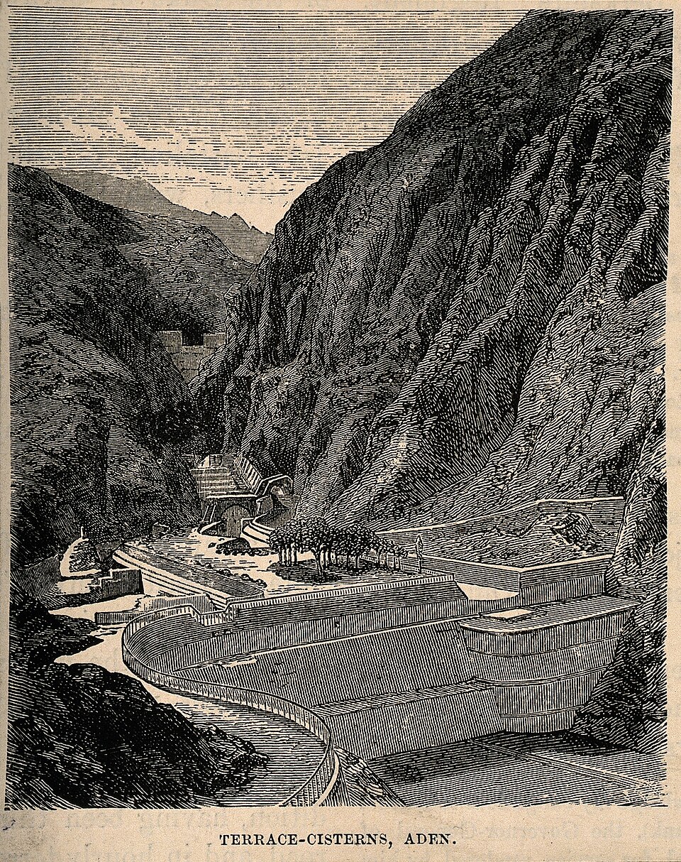 Historical wood engraving of Aden’s terrace-cisterns; a record of local water infrastructure visible in a colonial-era visual archive.