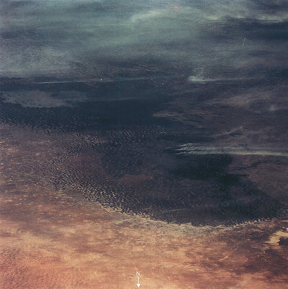 Lake Chad photographed from space by NASA in 1994, long after colonial border-making. The photograph shows the shared waters, not the 1900 partition itself.