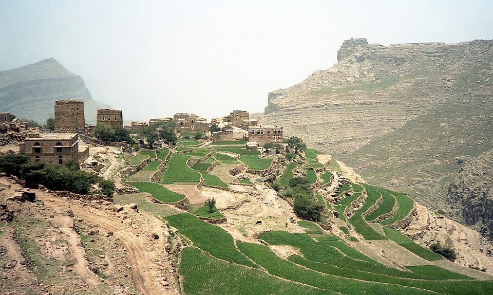 Agricultural terraces near At Tawilah, Yemen, photographed in 1986: a living farming landscape with roots far older than British rule.