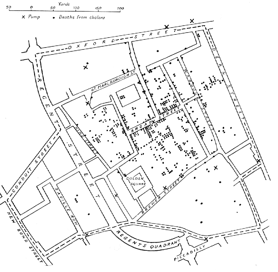 John Snow’s map plotting cholera deaths around the Broad Street pump in London, 1854