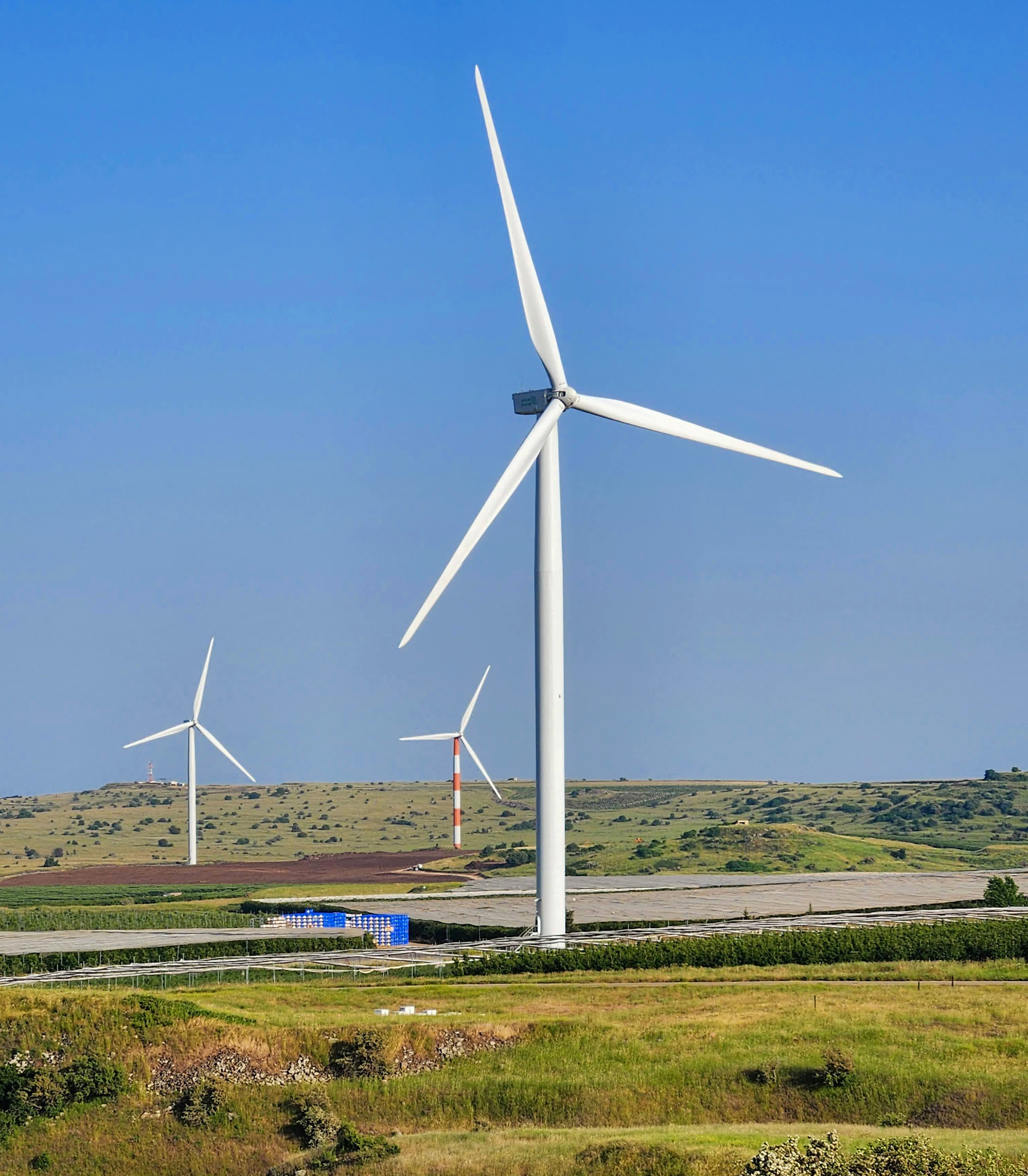 Wind turbines in the Israeli-occupied Golan Heights, photographed in May 2023
