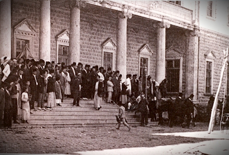 Syrian National Congress delegates standing on the steps of the Arab Club building, Damascus, circa 1919–1920